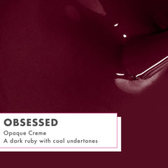 Olive & June fingernail swatch of Obsessed Dark Ruby illustrating rich coverage