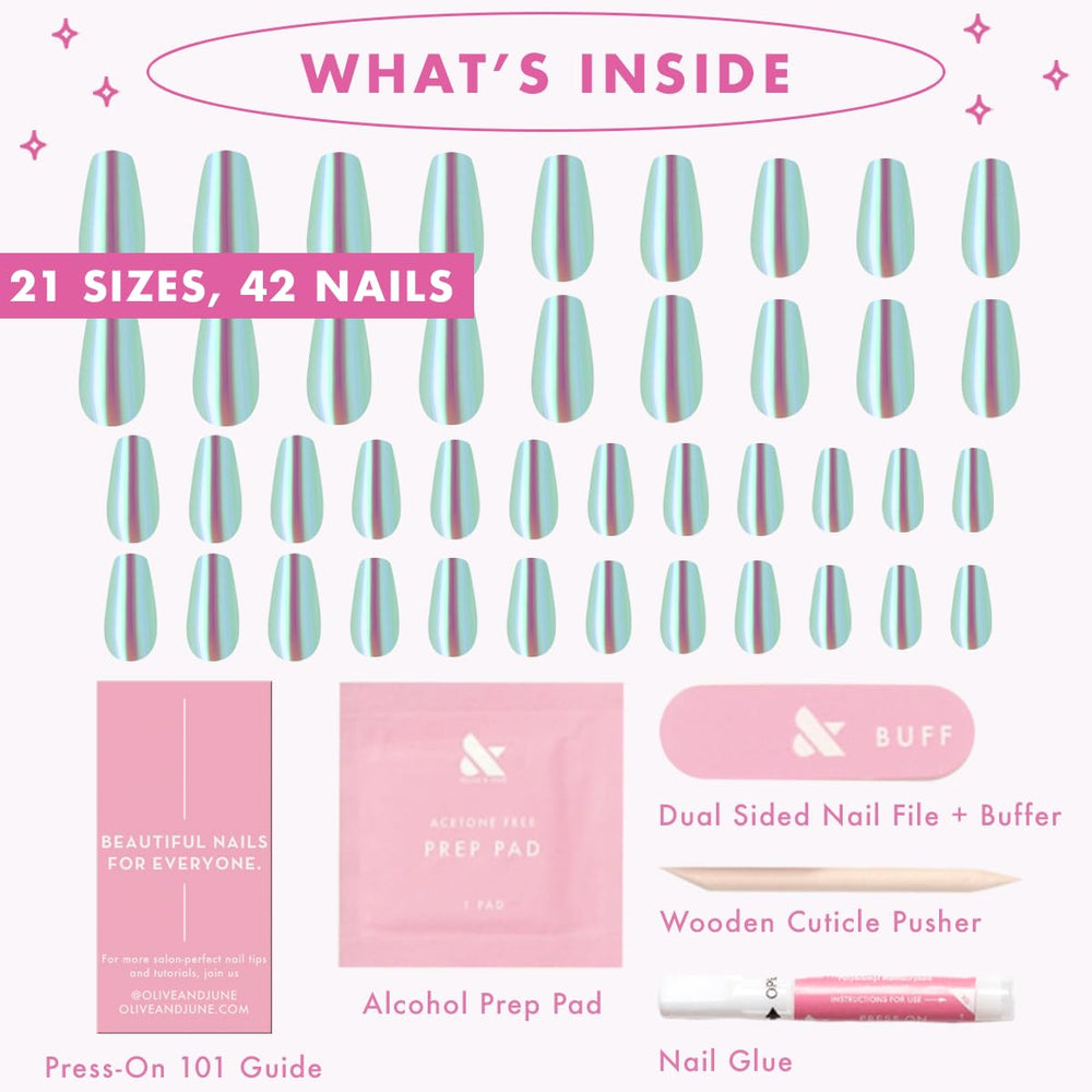 Olive & June lifestyle shot of woman wearing teal coffin nails for bold style