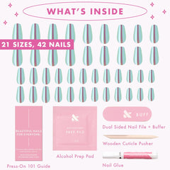Olive & June lifestyle shot of woman wearing teal coffin nails for bold style