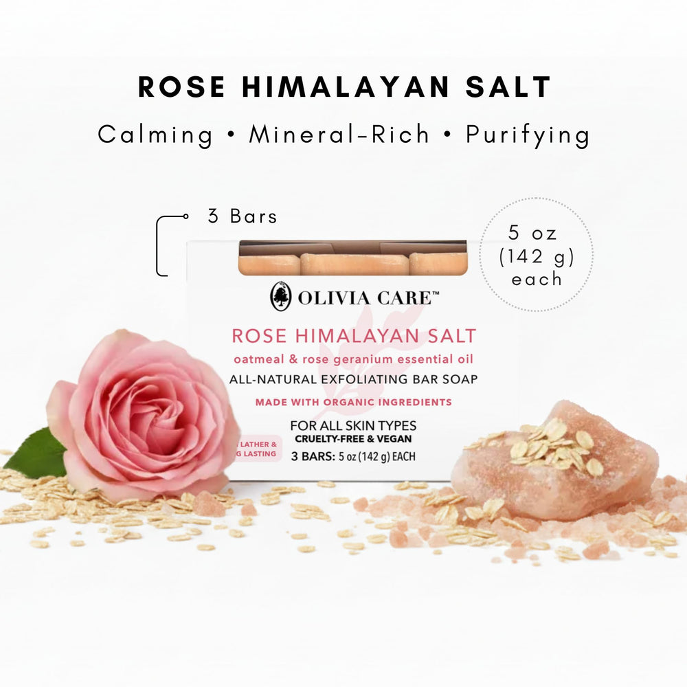 Olivia Care soap on bathroom tray in a styled setting for daily routine appeal