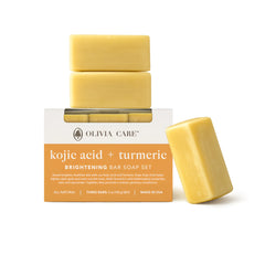 Olivia Care front packaging showing three brightening kojic acid bars and benefits