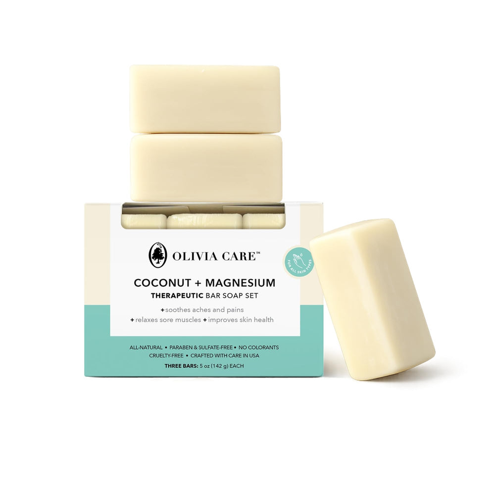 Olivia Care front packaging showing coconut magnesium three-pack, eco-friendly benefit