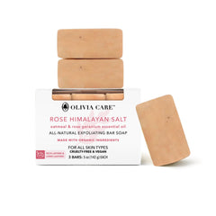 Olivia Care front packaging showing three 5 oz bars and moisturizing benefits