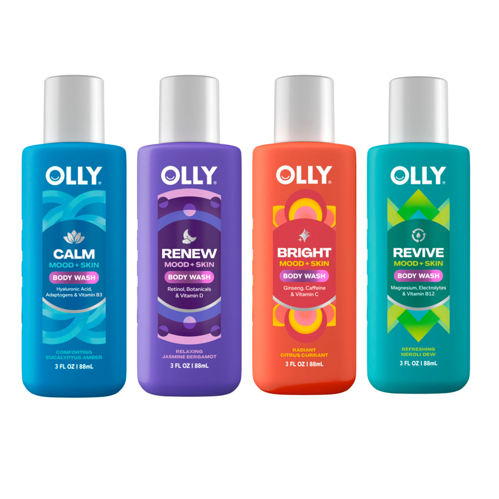 OLLY front packaging of mixed pack showing four 3 oz bottles and calming design benefits