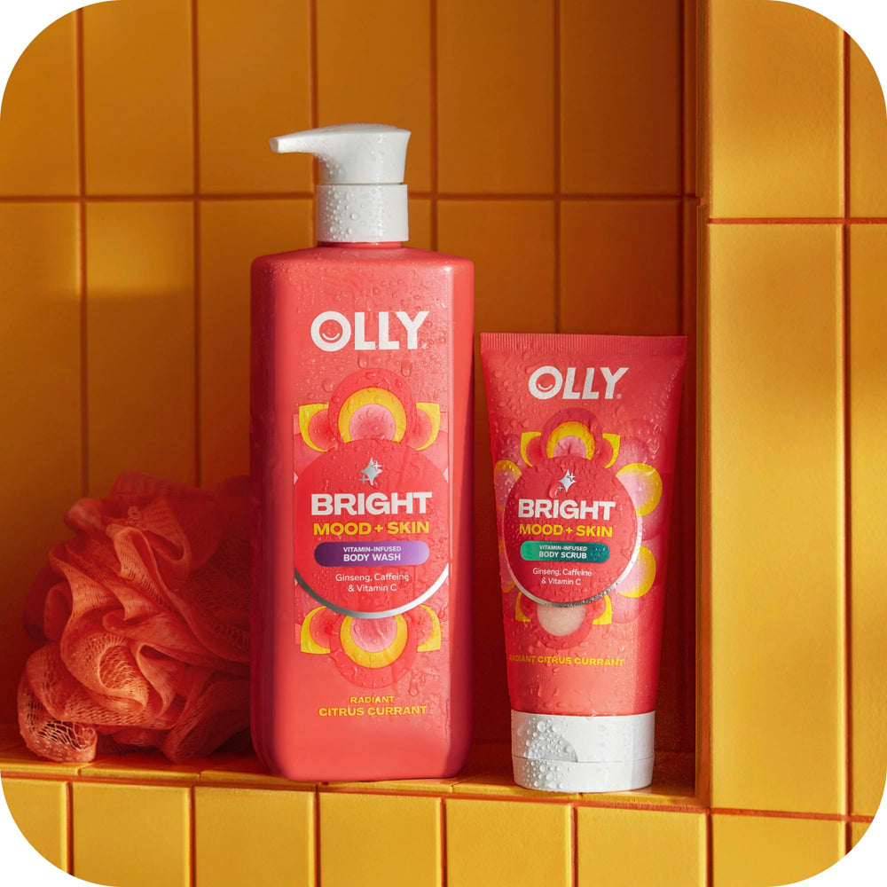 OLLY body wash in shower use showing skin application, energizing ritual benefit