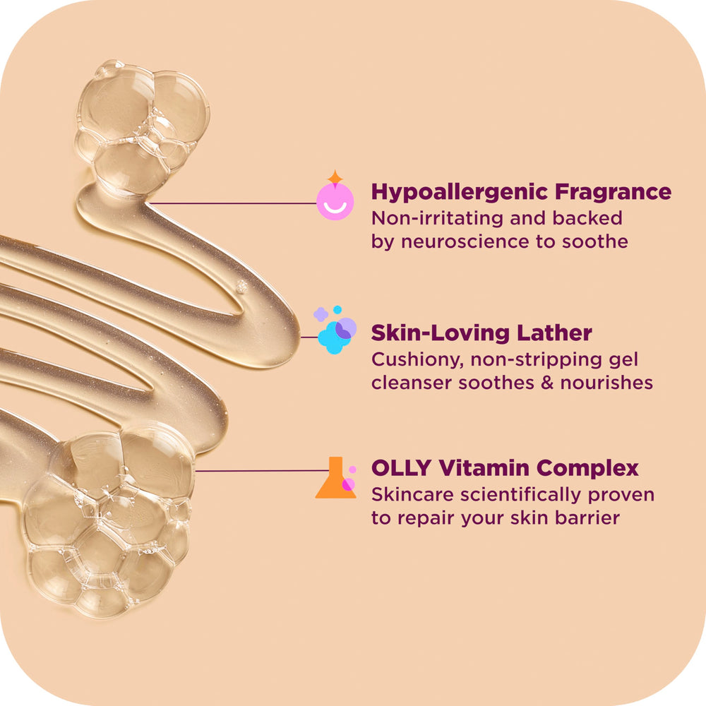 OLLY creamy lather on skin illustrating soft, hydrating foam benefit