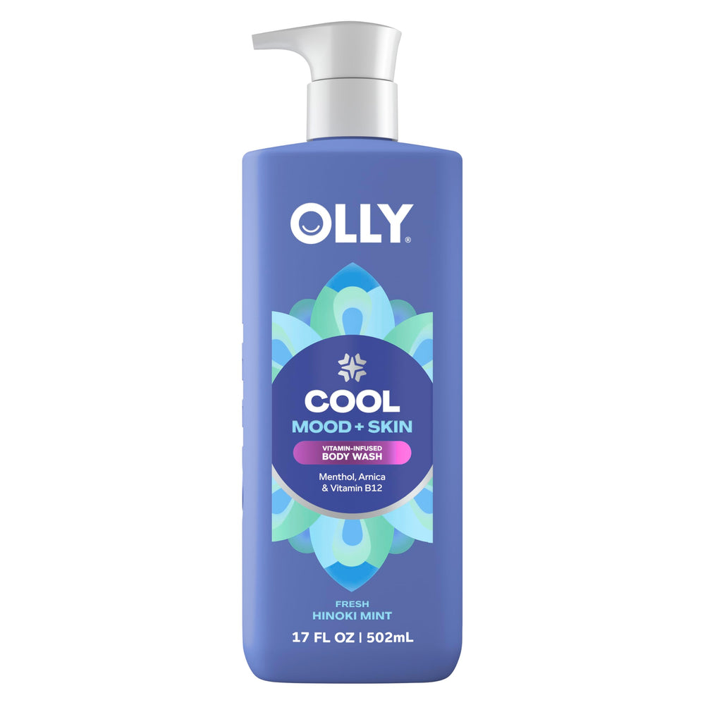 OLLY front bottle of COOL Mood + Skin body wash showing packaging and size benefit