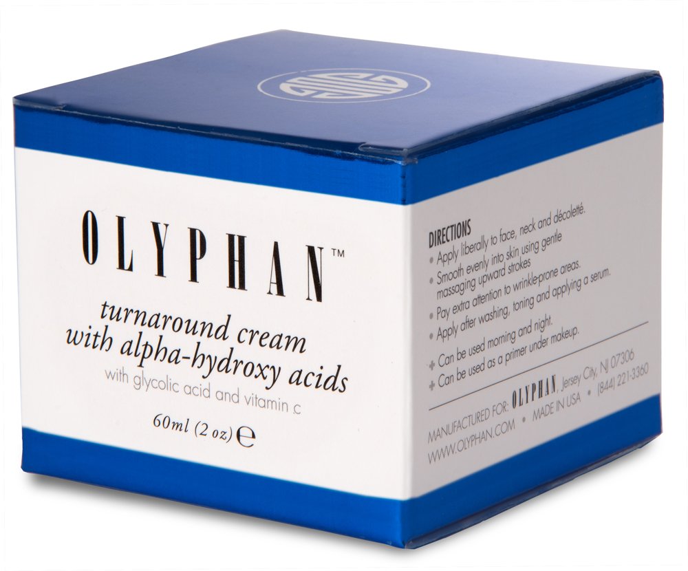 OLYPHAN product label and ingredient list showing 10% glycolic acid and botanicals