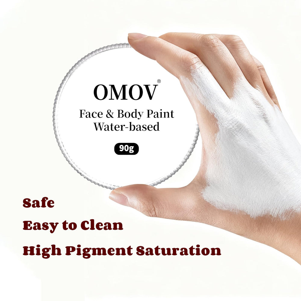 OMOV white face paint applied with sponge for quick, even base coverage benefit