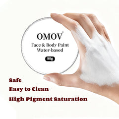 OMOV white face paint applied with sponge for quick, even base coverage benefit