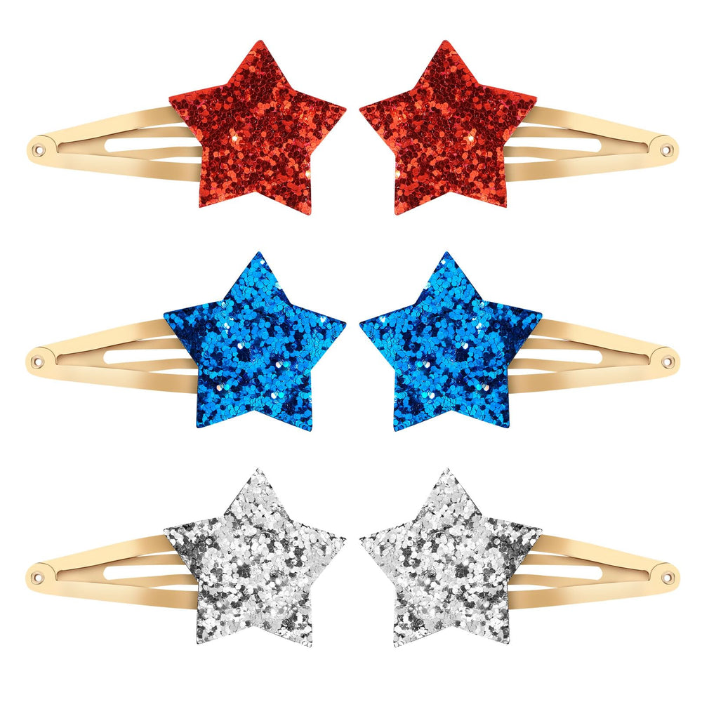 Ondder front view of six glitter star clips showing red blue silver sparkle and festive appeal