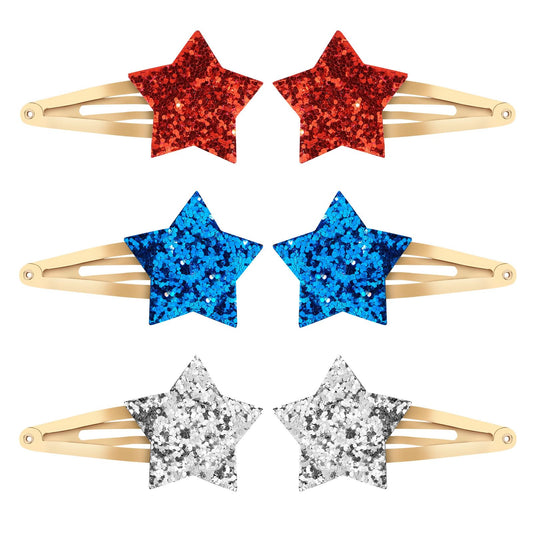Ondder front view of six glitter star clips showing red blue silver sparkle and festive appeal