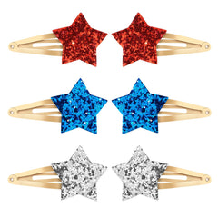 Ondder front view of six glitter star clips showing red blue silver sparkle and festive appeal