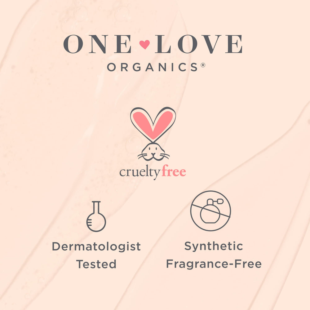 One Love Organics on bathroom vanity in lifestyle setting conveying calm skincare ritual benefit