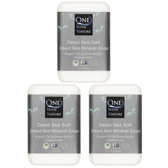 One With Nature front packaging of 3-pack Dead Sea salt soap, clear branding and benefits