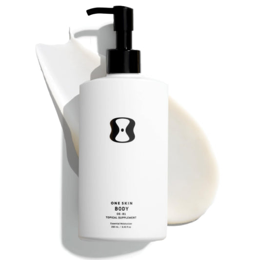 oneskin BODY OS-01 pump bottle front view showing clean packaging and easy dispensing benefit