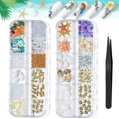 ONEUPIN front packaging showing ocean-theme nail charms and clear case for easy selection
