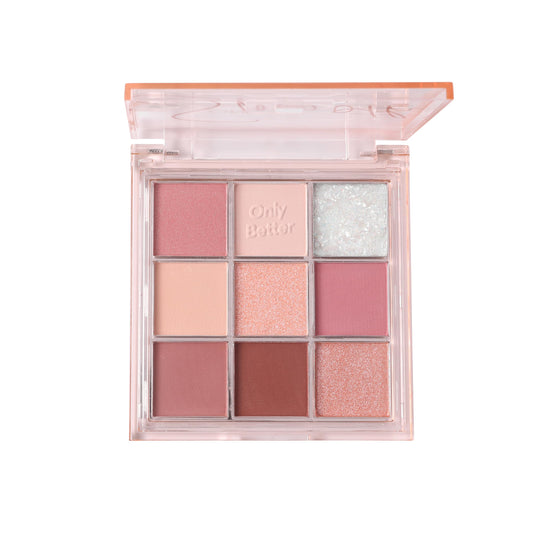ONLYBETTER palette front open showing all nine shades and versatile finishes