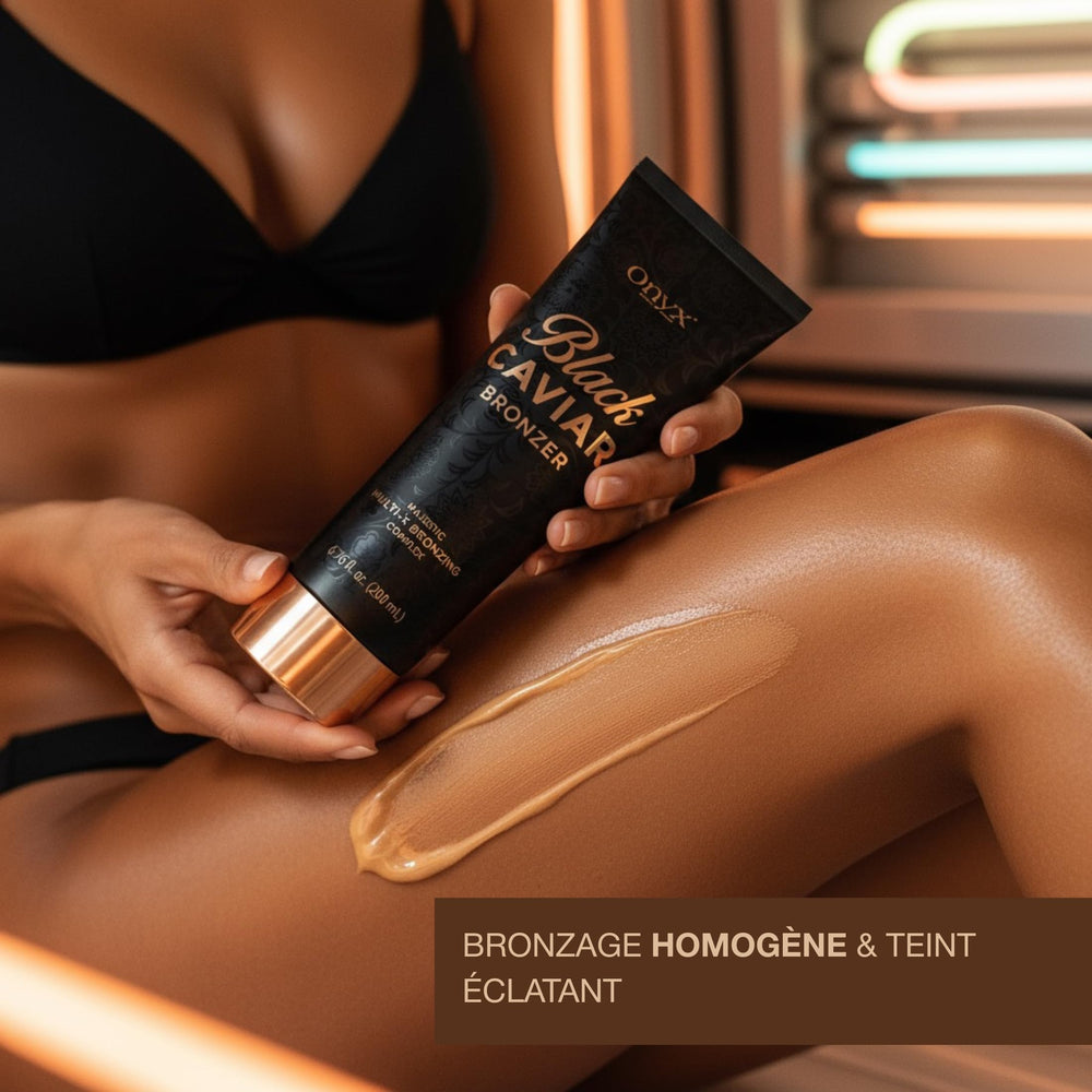 Onyx post-tan skin showing deeper bronze and hydrated finish benefit