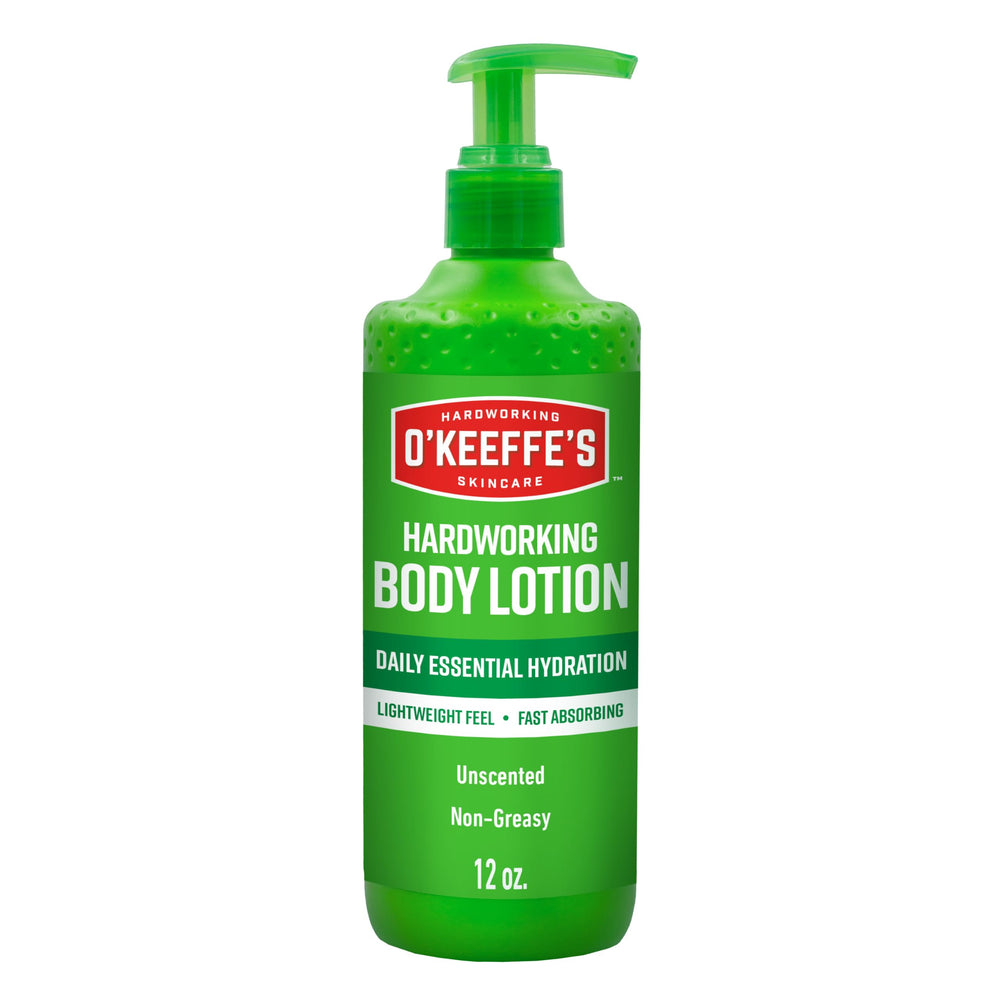 O'Keeffe's front view 12 oz pump bottle showing clean packaging and size benefit