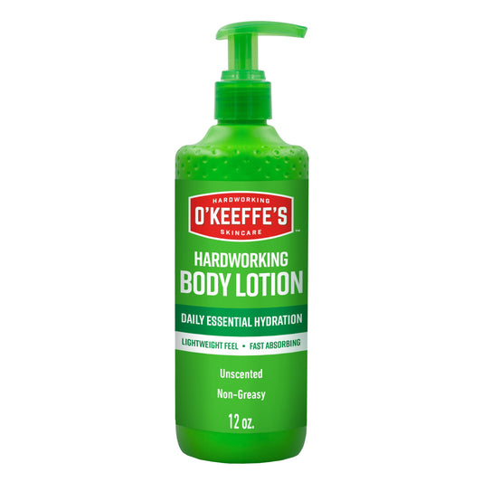 O'Keeffe's front view 12 oz pump bottle showing clean packaging and size benefit