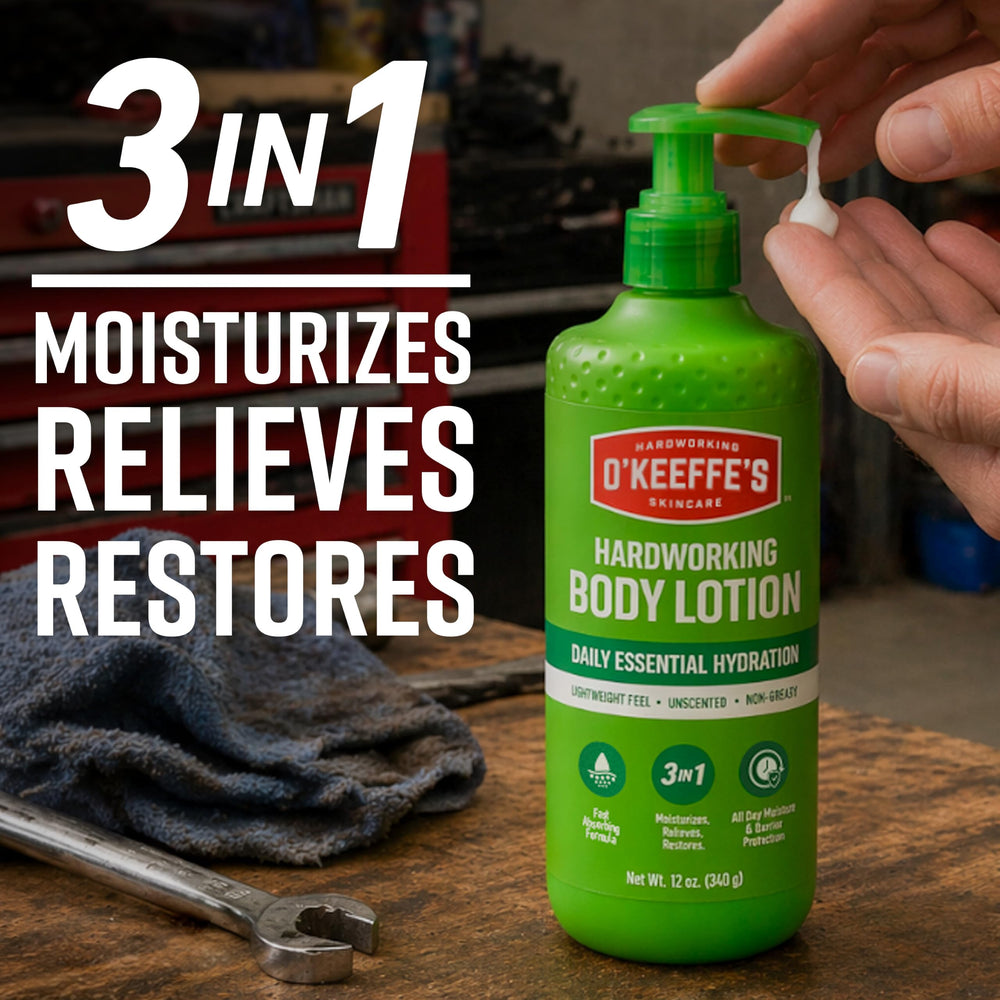 O'Keeffe's lotion being applied to hand to relieve dry skin quickly