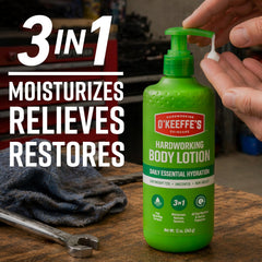 O'Keeffe's lotion being applied to hand to relieve dry skin quickly