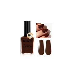 OpenLive bottle front view showing brown shade and glossy finish benefit