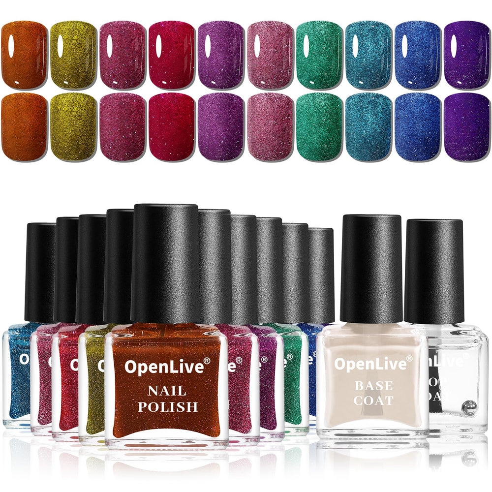 OpenLive front packaging showing 12 reflective glitter polishes and benefits