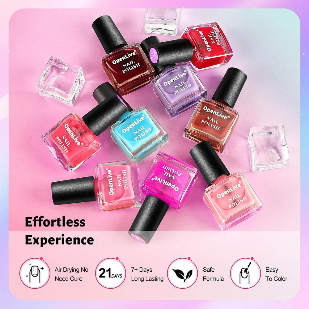 OpenLive swatches painted on fingernails demonstrating buildable shine and color depth
