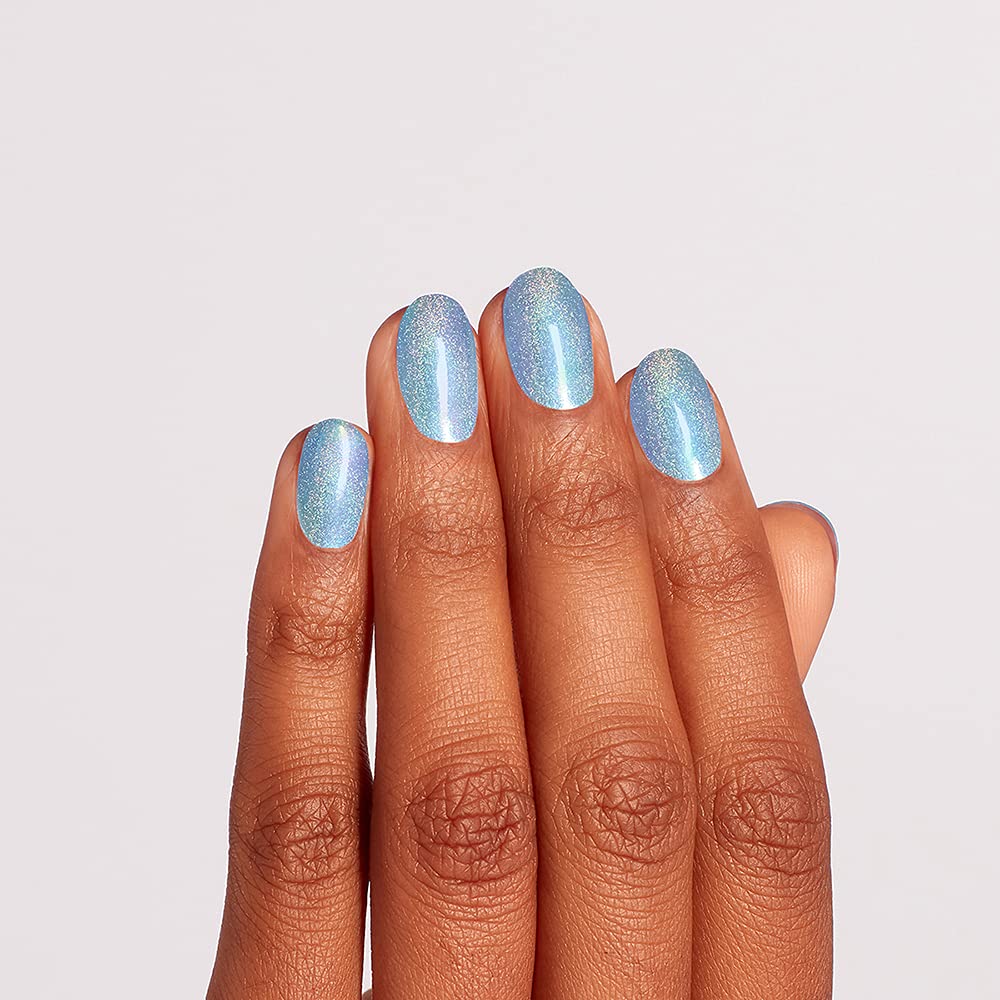 OPI polish on nails in a manicure showing glossy blue shimmer and chip resistance