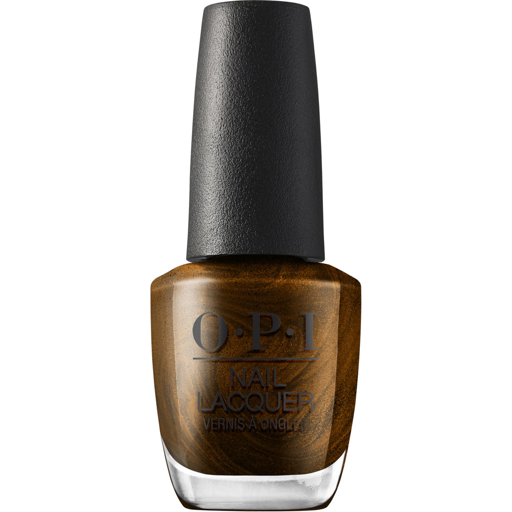 OPI Band Tease front bottle showing dark gold brown metallic polish and label benefit lasting shine