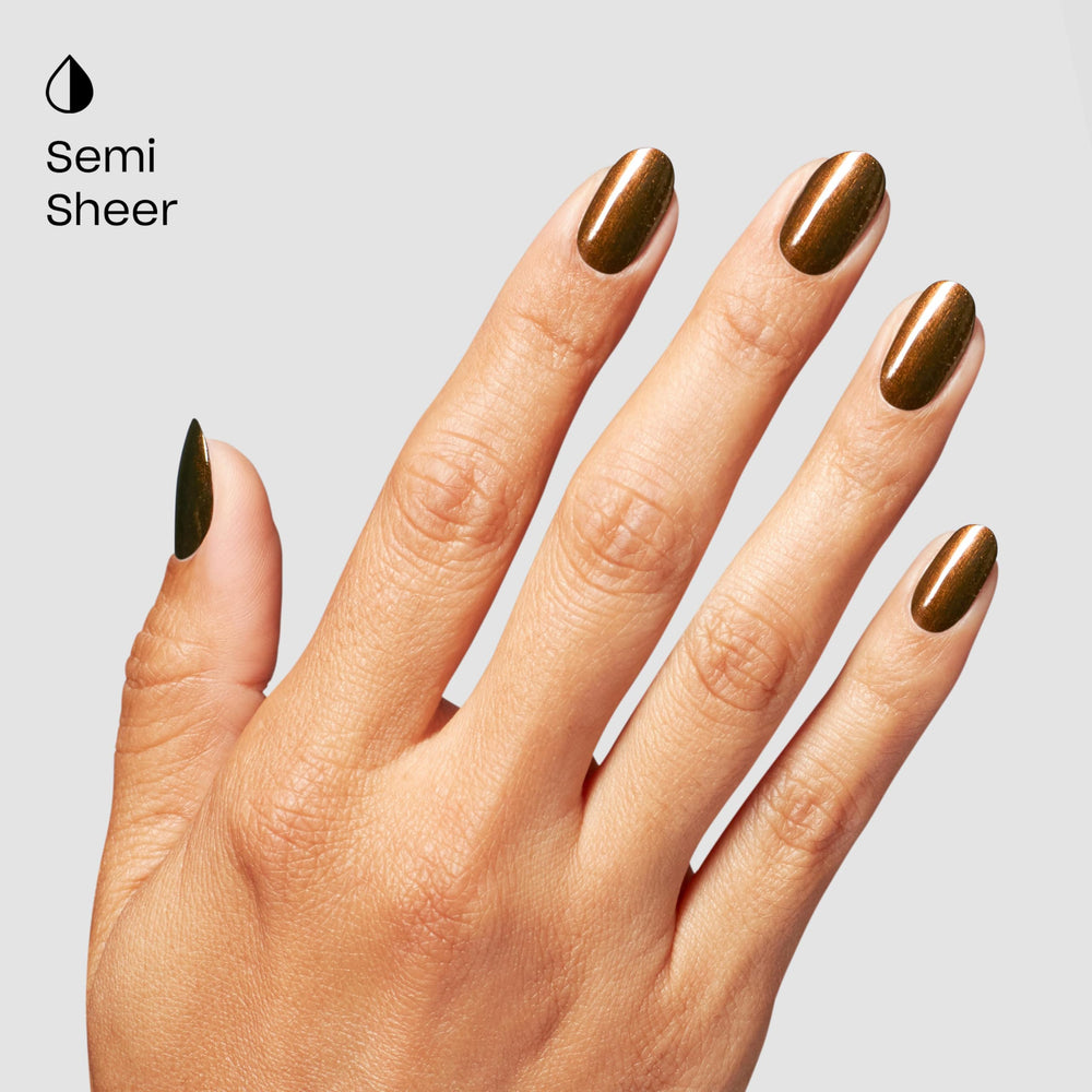 OPI Band Tease on model hand in lifestyle setting showing versatile metallic polish for day to night
