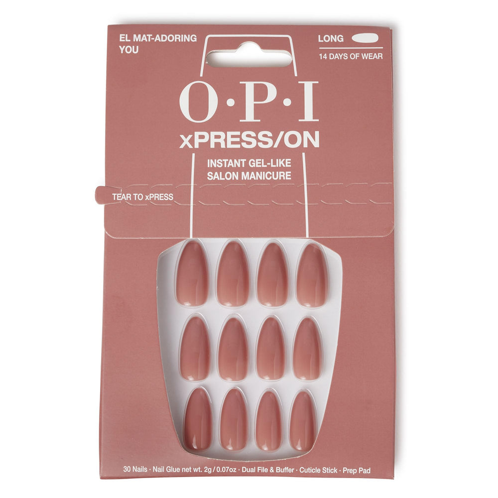 OPI front packaging showing tan almond press-on nails and kit benefits