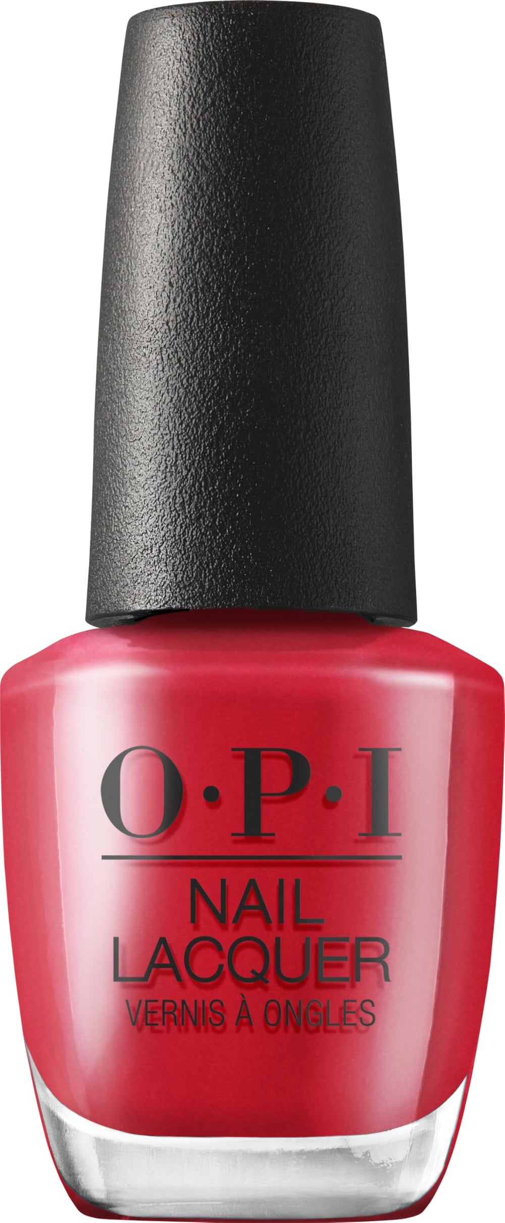 OPI bottle front view showing rich red lacquer and brand recognition