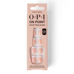 OPI Fluent in French front packaging showing nude pink French tips and included glue for instant style