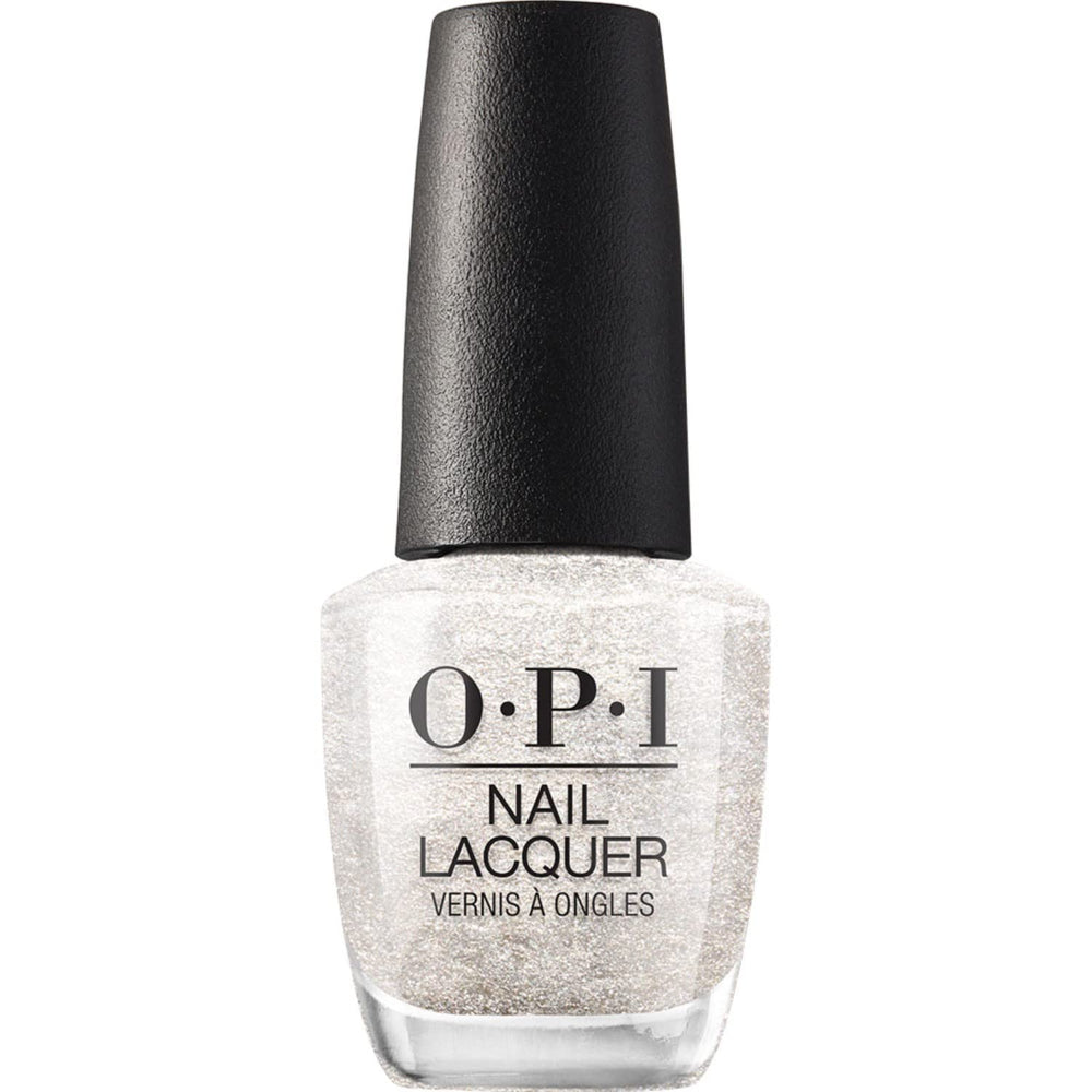 OPI bottle front view showing silver glitter polish and brand clarity benefit