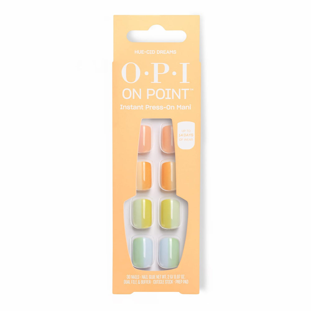 OPI Hue-cid Dreams front packaging showing pastel rainbow press-on set and included glue