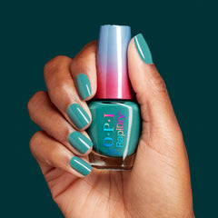 OPI bottle label and recycled cap detail highlighting vegan formula and sustainable packaging benefit