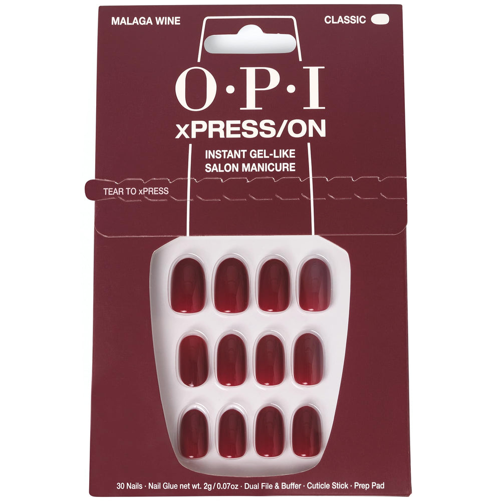 OPI front packaging showing Malaga Wine press-on set and included glue for instant polish