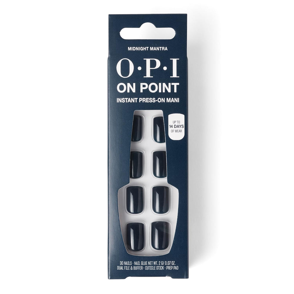 OPI Midnight Mantra front view showing navy squoval nails and salon finish benefit