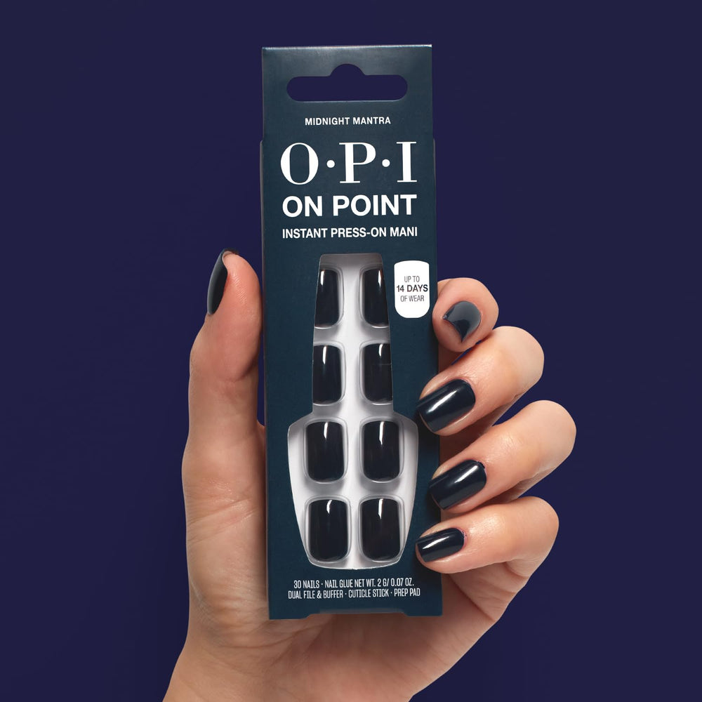 OPI Midnight Mantra worn on hands in lifestyle scene for polished everyday look
