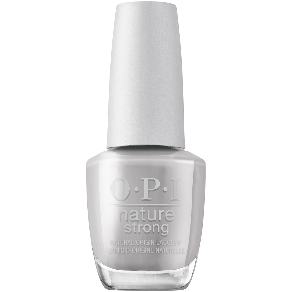 OPI Nature Strong front bottle showing soft gray crème and brand benefit