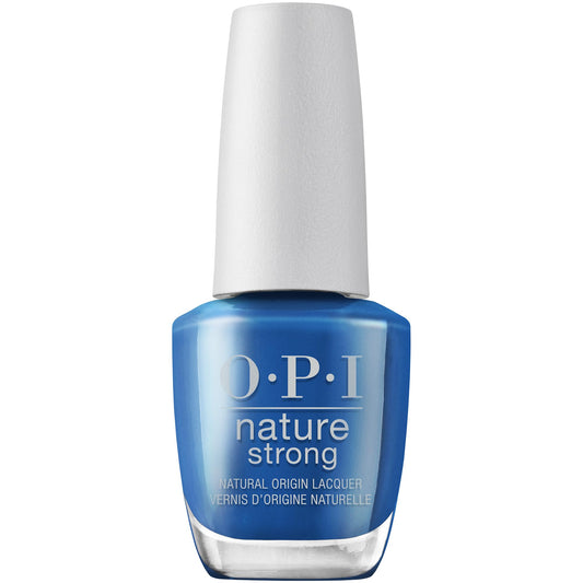 OPI Nature Strong front bottle showing bright blue shade and eco packaging benefits