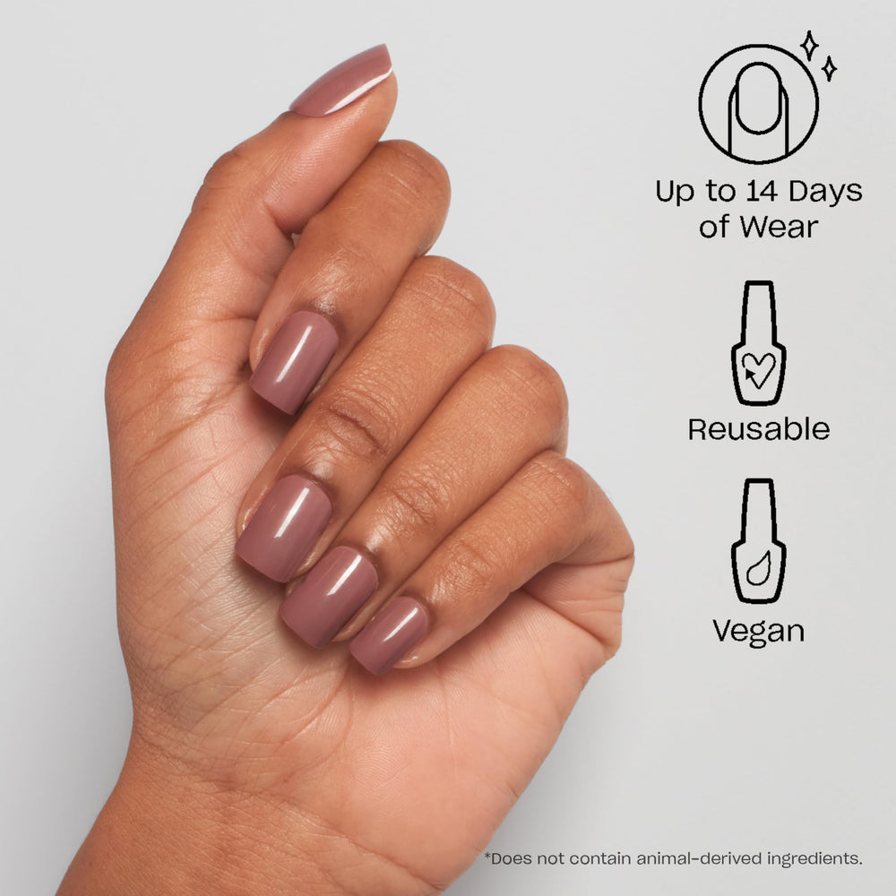 OPI On Point close-up of mauve beige crème texture on a single nail tip, smooth salon finish