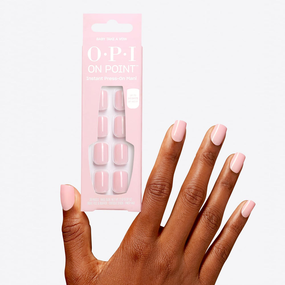 OPI tips displayed next to a hand for scale showing short squoval, easy wear