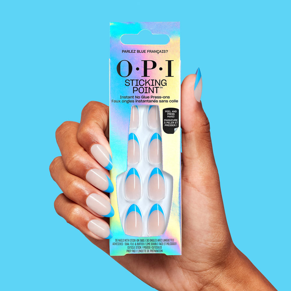 OPI lifestyle image wearing blue French tips with outfit showing instant polished look benefit