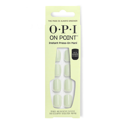 OPI bright green press-on front packaging showing full set benefit