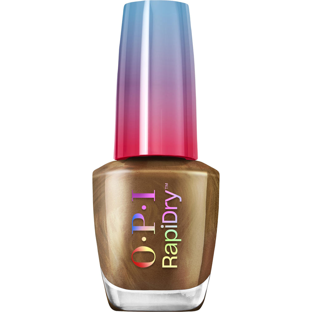 OPI Fast Foodie front bottle showing brown shimmer and glossy finish benefit