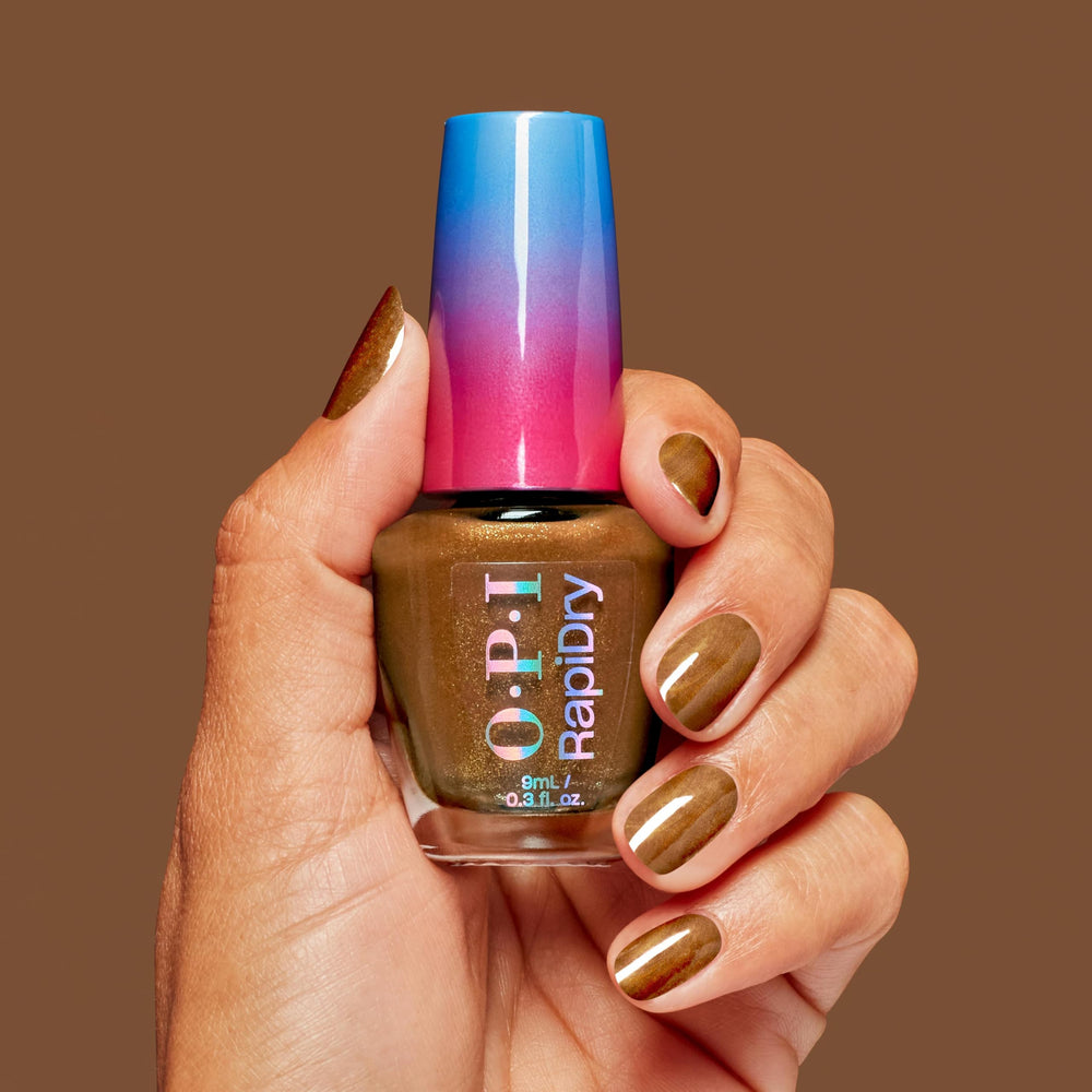 OPI Fast Foodie on hand in lifestyle setting demonstrating quick-dry convenience